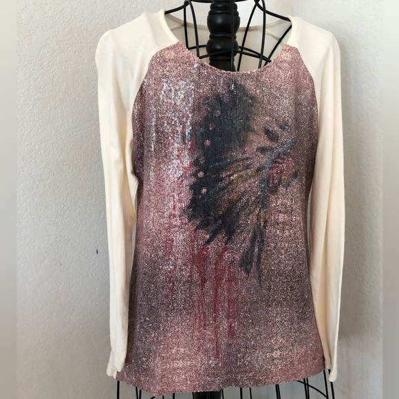 Double D Ranch women’s sequin knit top Native American chief XS - Picture 1 of 5